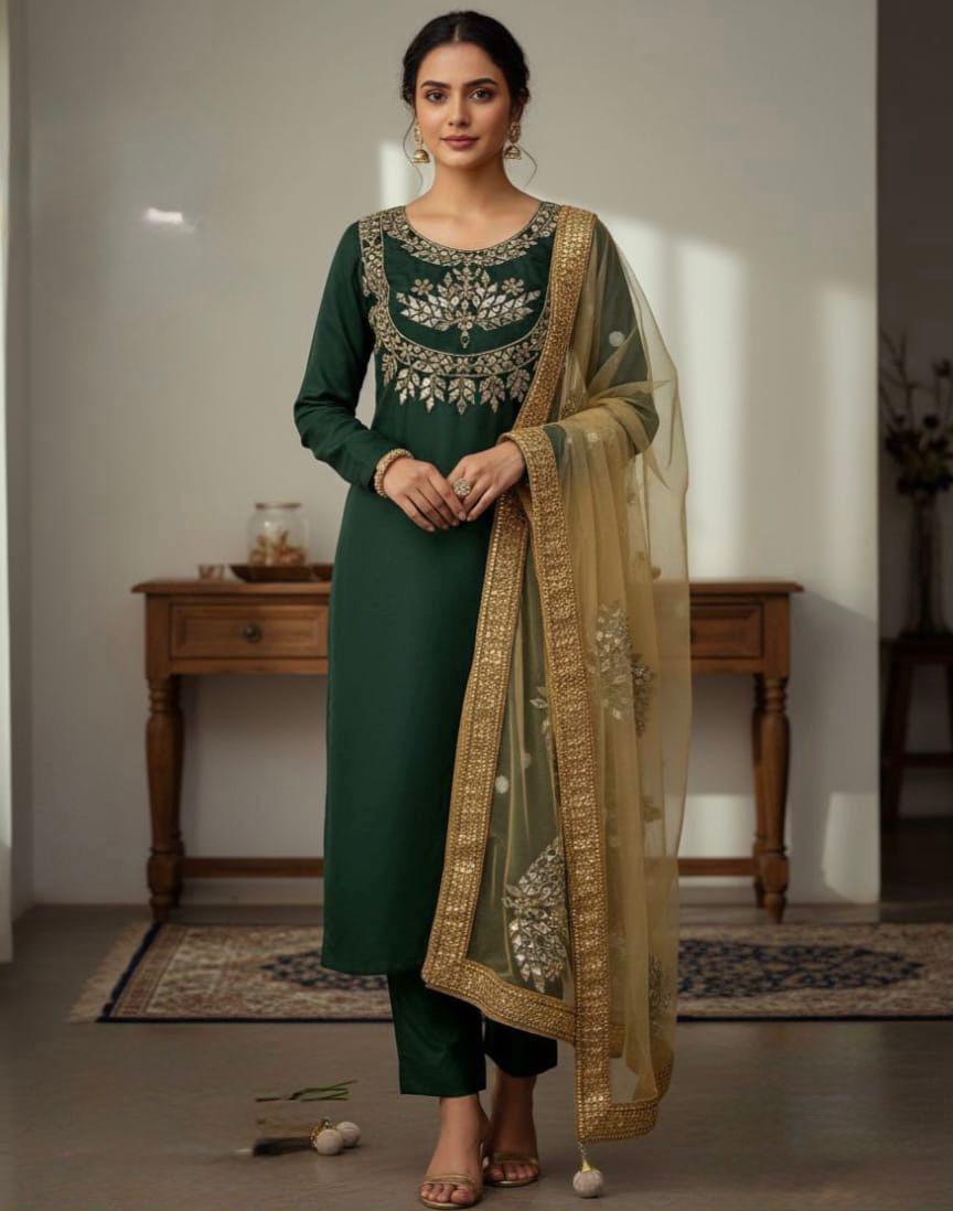 3 PC SILK SUIT WITH NET DUPATTA