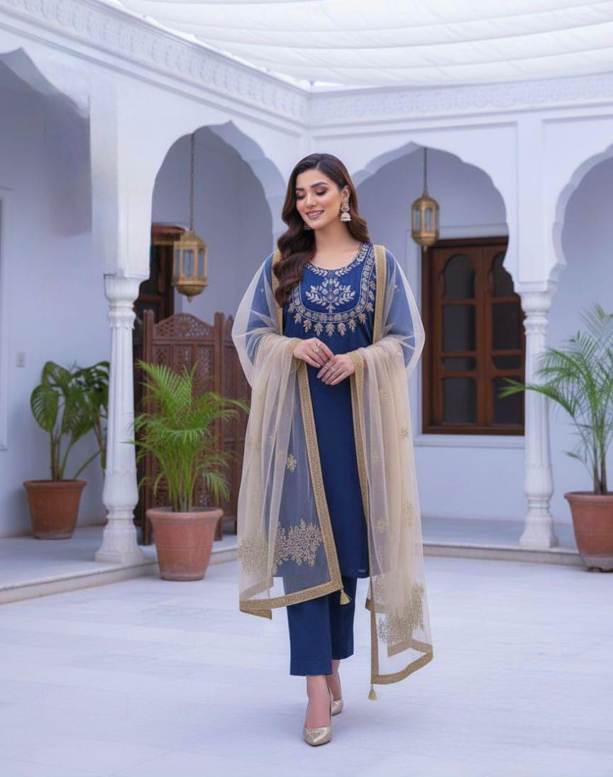 3 PC SILK SUIT WITH NET DUPATTA