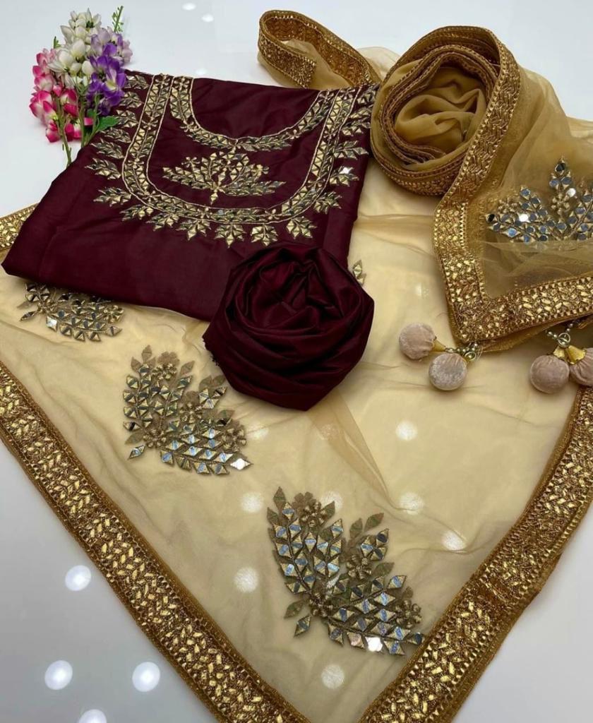 3 PC SILK SUIT WITH NET DUPATTA