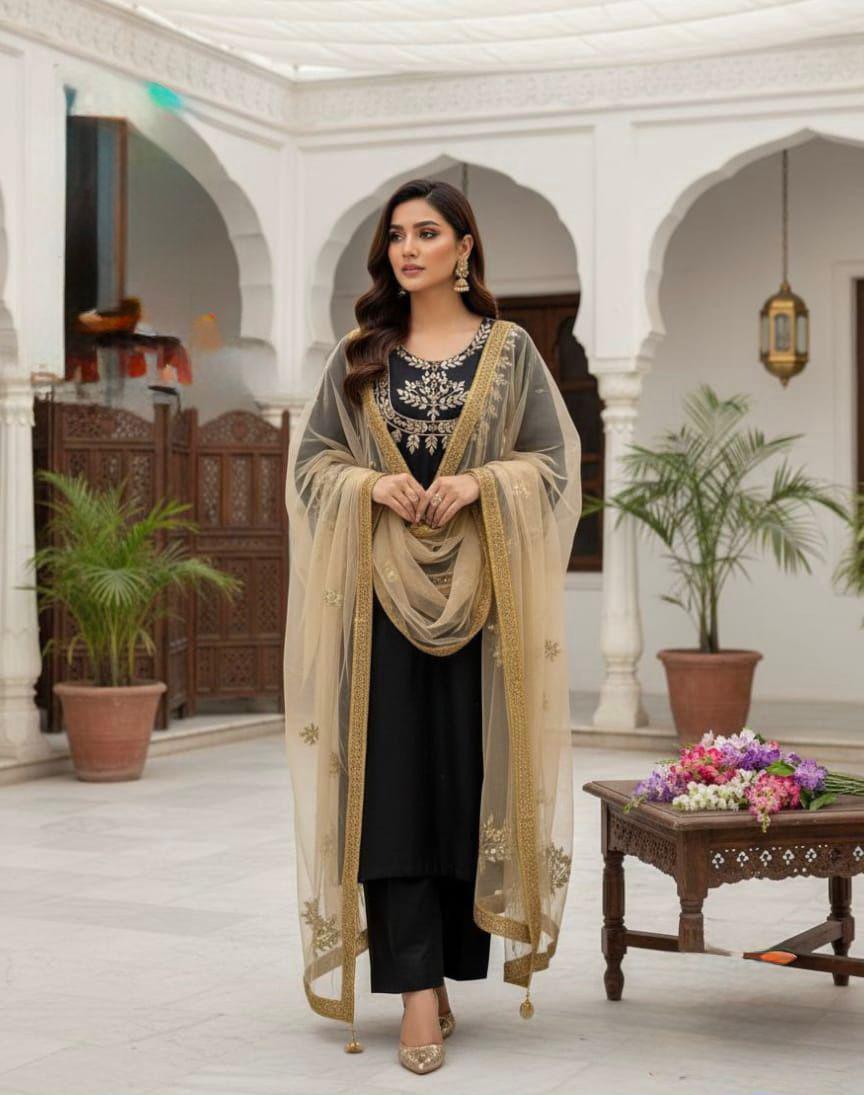 3 PC SILK SUIT WITH NET DUPATTA