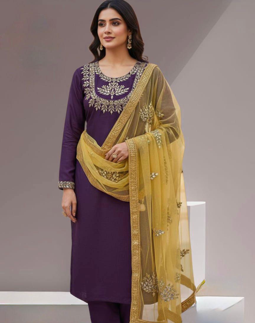 3 PC SILK SUIT WITH NET DUPATTA